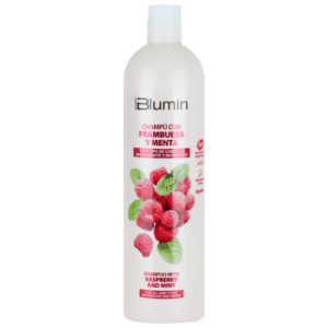 Botella de Champú Frambuesa y Menta todo tipo de cabellos Blumin Envase moderno con diseño fresco, acompañado de frambuesas y hojas de menta que representan sus ingredientes naturales. Ideal para ilustrar frescura, hidratación y brillo capilar.