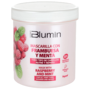 Descubre la Mascarilla Frambuesa y Menta todo tipo de cabellos Blumin 700ml, presentada en un elegante envase rosa que refleja frescura y vitalidad. Su fórmula nutritiva, rica en aceites esenciales, tocoferoles y vitamina E, está diseñada para reparar, proteger y dar brillo a todo tipo de cabellos. Ideal para quienes buscan un tratamiento capilar profundo con un toque natural y refrescante.
